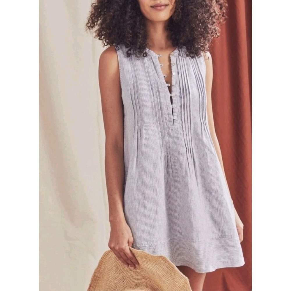 Faherty Isha Linen Mini Dress Blue White Stripe Pockets Small Classic Nautical